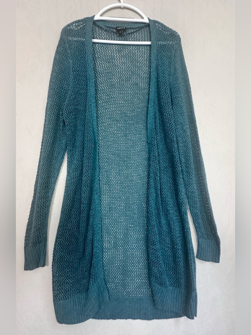 Torrid Light Knit Button Up Boho Openwork Duster Cardigan Teal Sz L Long